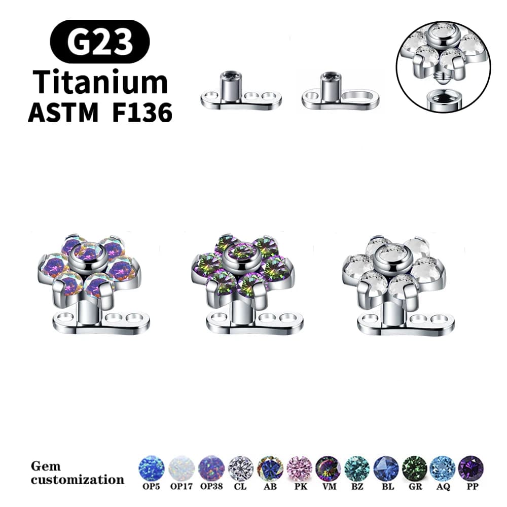 Micro perforation cutanée en titane G23, 16G, fleur d'injecteur, CZ, perforation cutanée, perforation de surface, perforation de 147 us, plongeur de peau