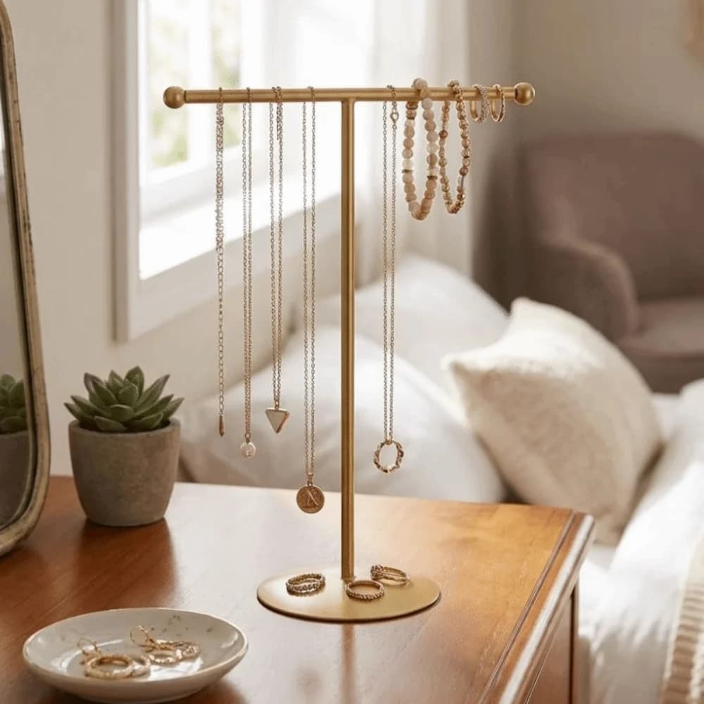 Présentoir à bijoux en métal avec base ronde, support de rangement simple pour bijoux, résistant à l'humidité, gain de place, porte-colliers