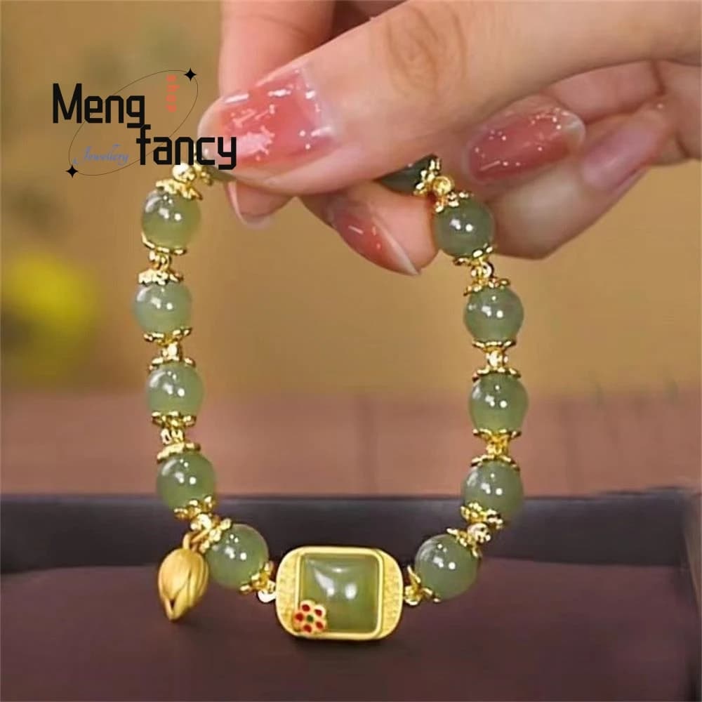 Bracelet en Jade Hetian naturel, carré, sucre, Lotus, exquis, élégant, rétro, Style chinois, Sexy, pour jeunes filles, bijoux à la mode