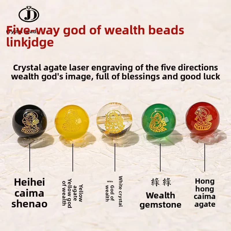 JingDian Jewelry Perles rondes en agate de cristal naturel estampées or, motif Dieu de la Richesse des Cinq Voies, pour la création de bijoux DIY et accessoires de perles Bouddha culturelles