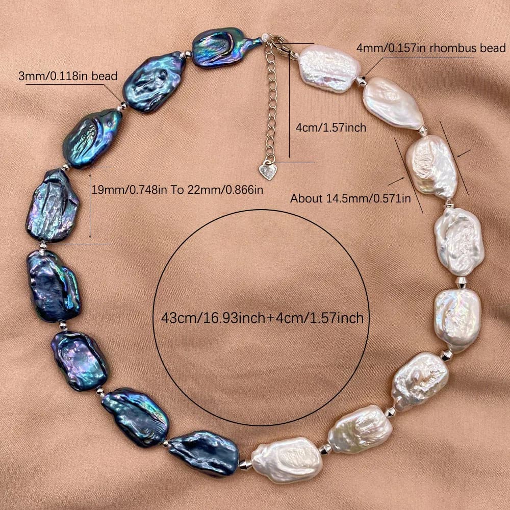 Collier asymétrique Yin Yang, perles d'eau douce de culture naturelles baroques carrées plates bleu paon noir rares de 19mm