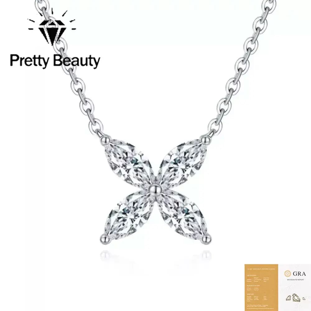 Collier Fleur en Argent S925 avec Moissanite Taille Marquise, Pendentif Floral à Quatre Pétales, Bijou Fin, Cadeau pour Femme