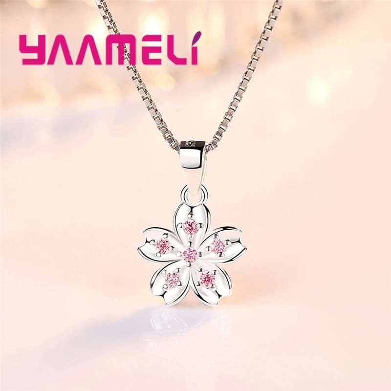 Joli bijoux en argent Sterling 925 Kawaii Sakura fleurs rose zircon cubique charmant pendentif collier avec chaînes