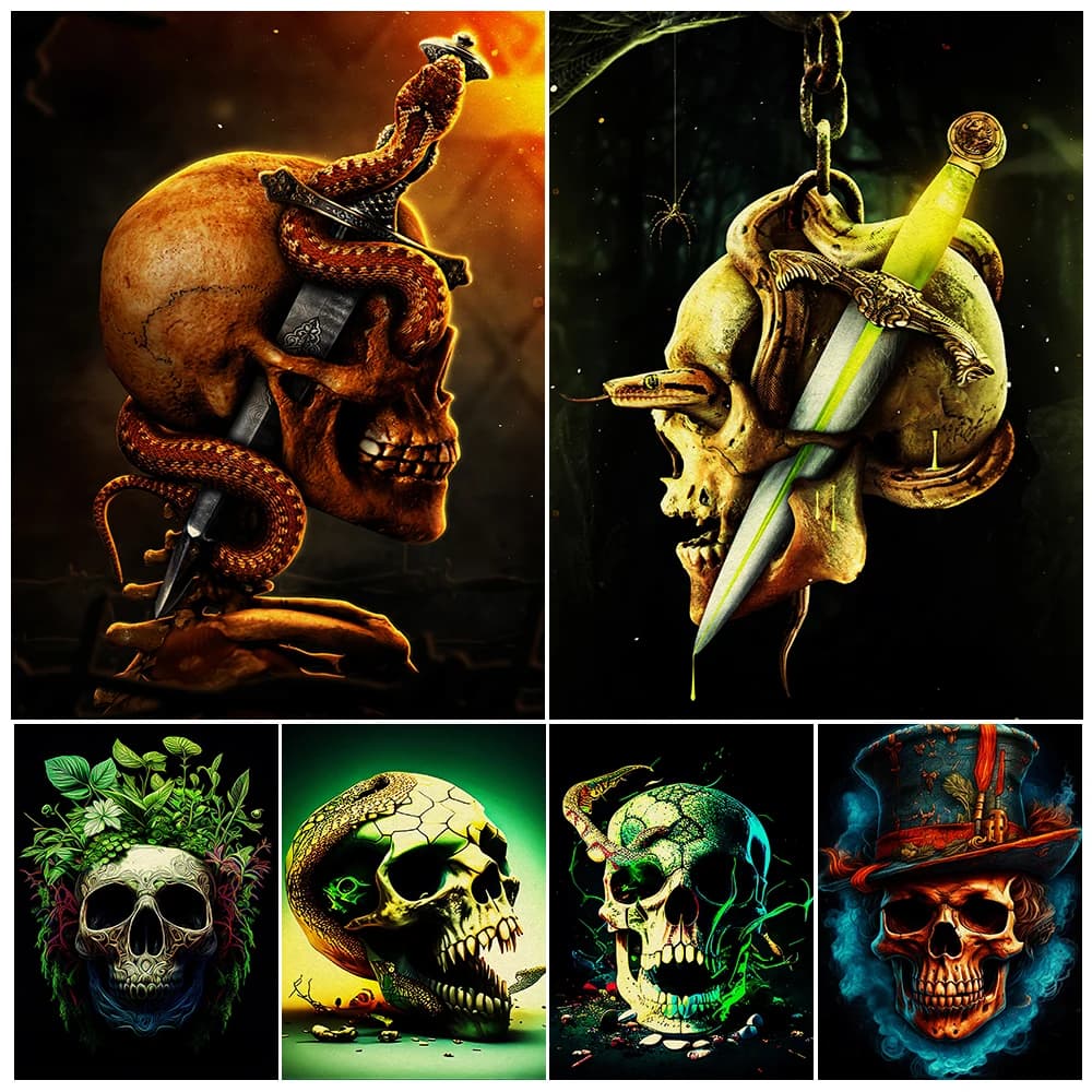 Creepy Skull Art Poster And Print Skull Head,Snake And Holy Sword Vintage Wall Art Canvas Painting For Living Room Decoration