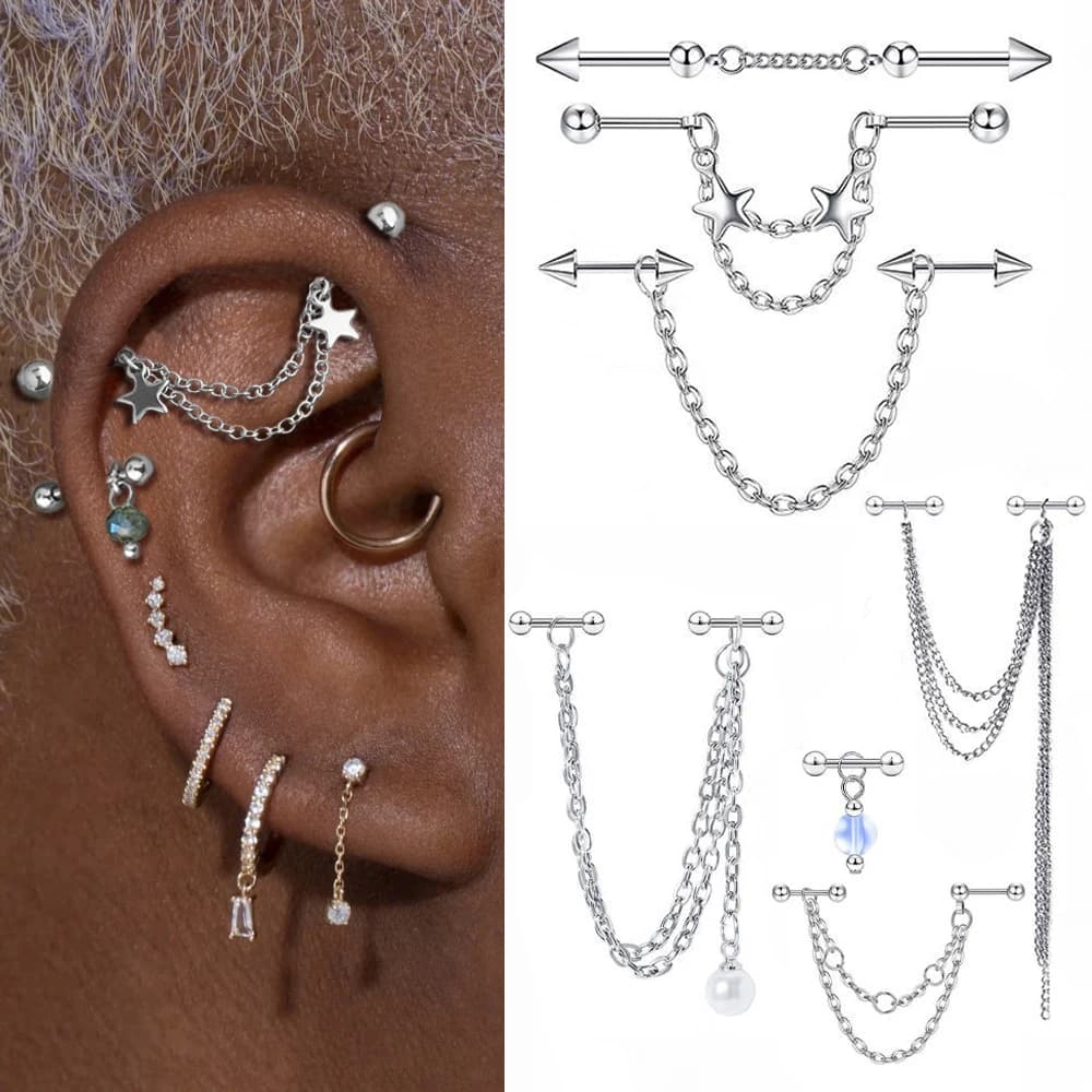 Boucles d'oreilles en chaîne de perçage industrielle Simple pour femmes, 1 pièce, Ins Fashion Star Cartilage Helix Barbell, bijoux en acier chirurgical, cadeaux