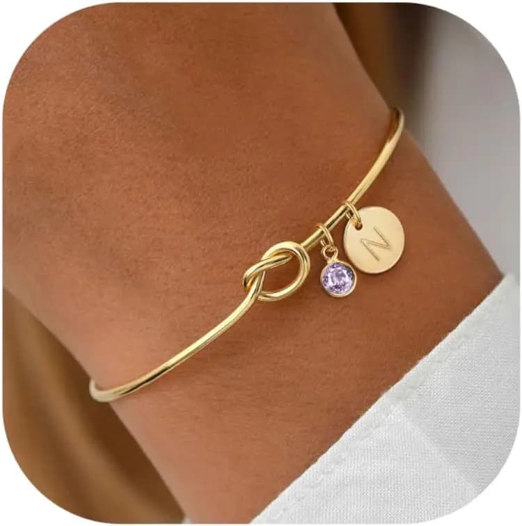Bracelets plaqués or 14 carats avec pierre de naissance initiale pour femmes, cadeau de proposition de demoiselle d'honneur, manchette avec nœud d'amour, cadeaux d'anniversaire