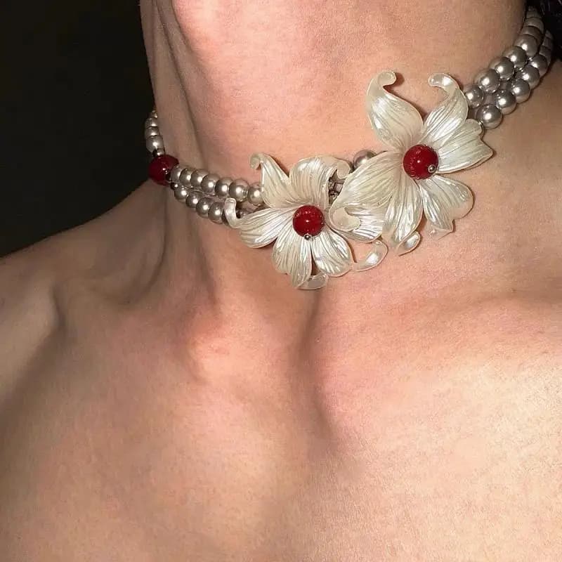 Hiphop Punk Double couche perle collier pour hommes femmes gothique blanc Iris fleurs
