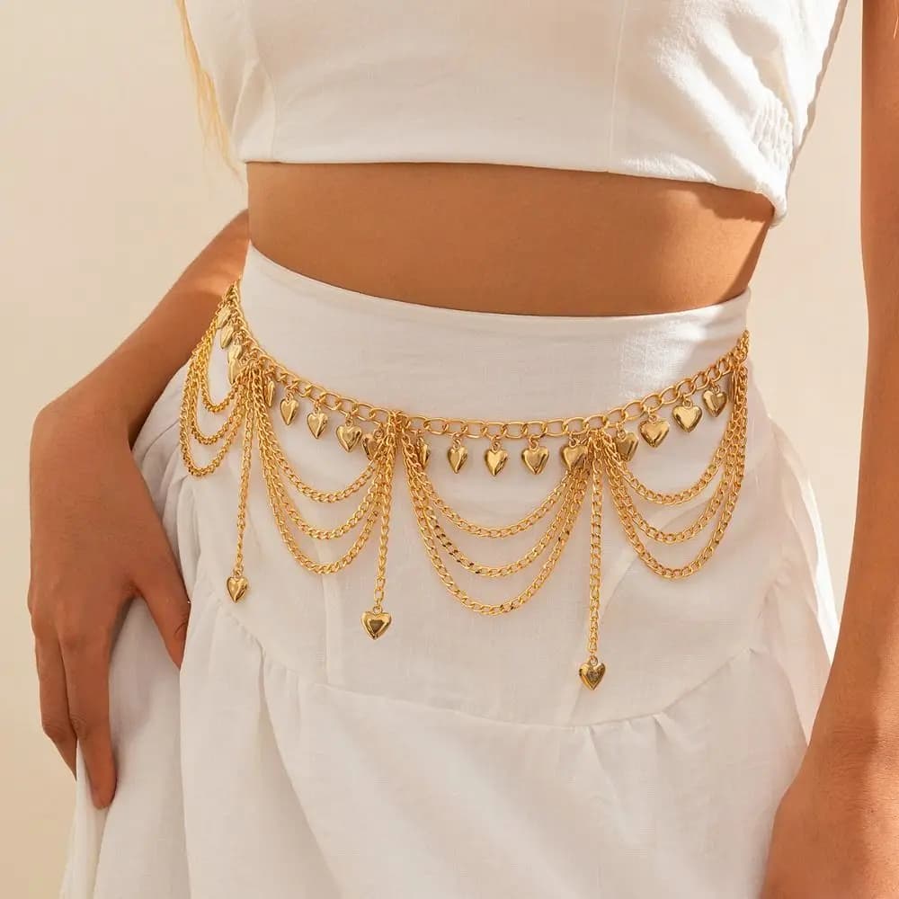 Chaîne de corps tendance en métal, argentée et dorée, avec perles et pompons, chaîne de taille, style ethnique cœur, accessoires de robe