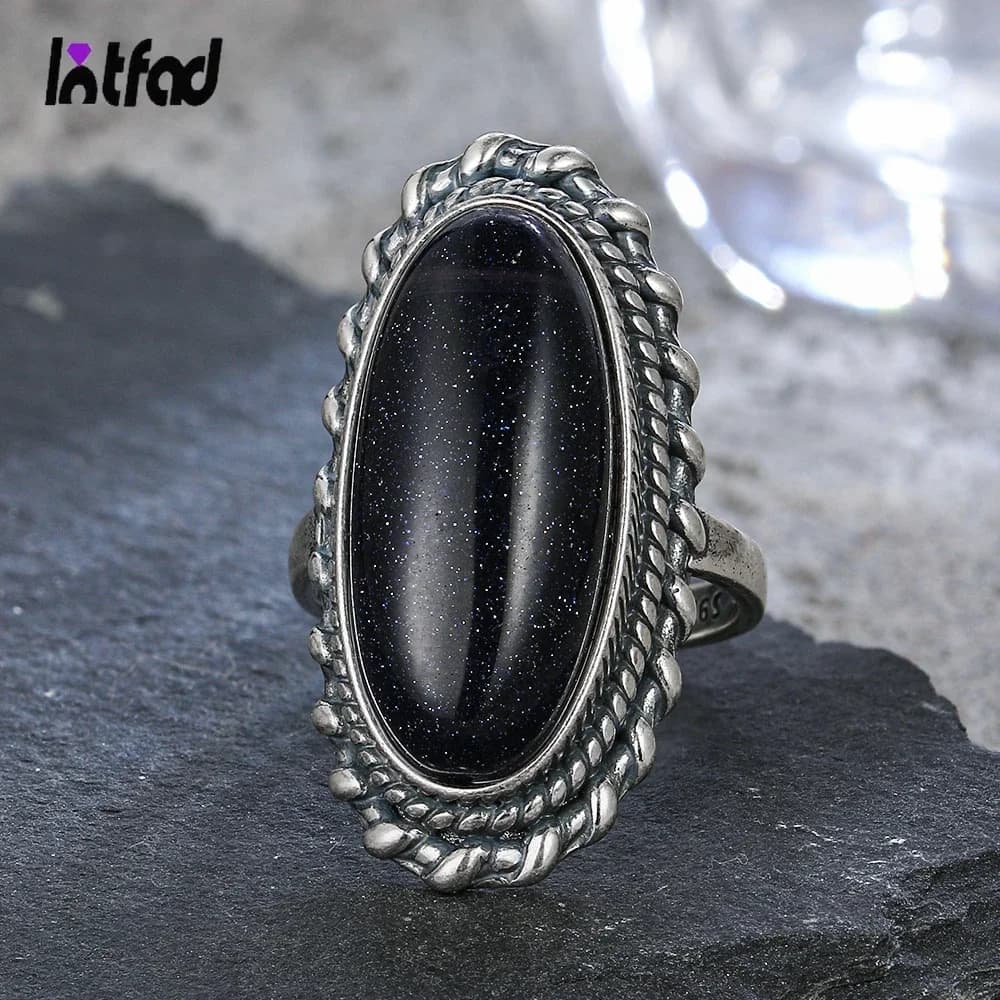 Bague en argent regardé 925 pour hommes et femmes, bijoux vintage, grès bleu, grande pierre, luxe, bague élégante, cadeau fin