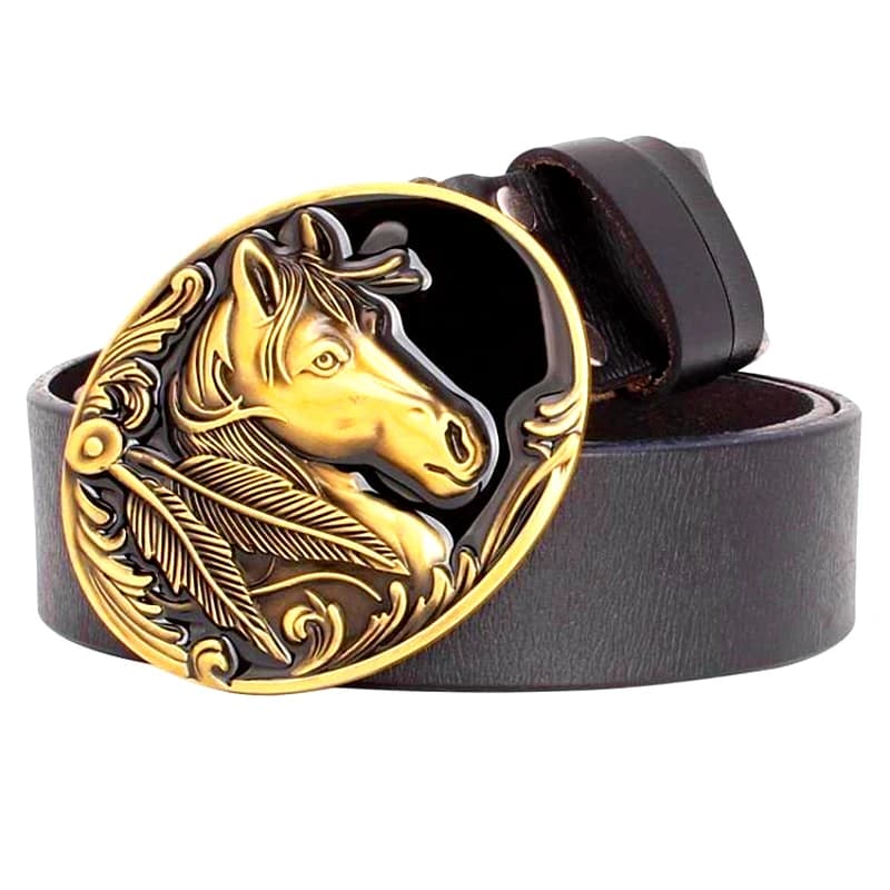 Ceinture à boucle tête de cheval doré, en cuir de vache, à la mode, Style Cowboy occidental, cadeau pour hommes et femmes