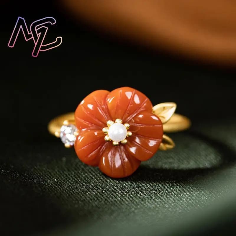 Anneaux de fleur de Jade naturel rouge, pierre de luxe réglable, accessoires de mode, Talismans, bijoux réels porte-bonheur