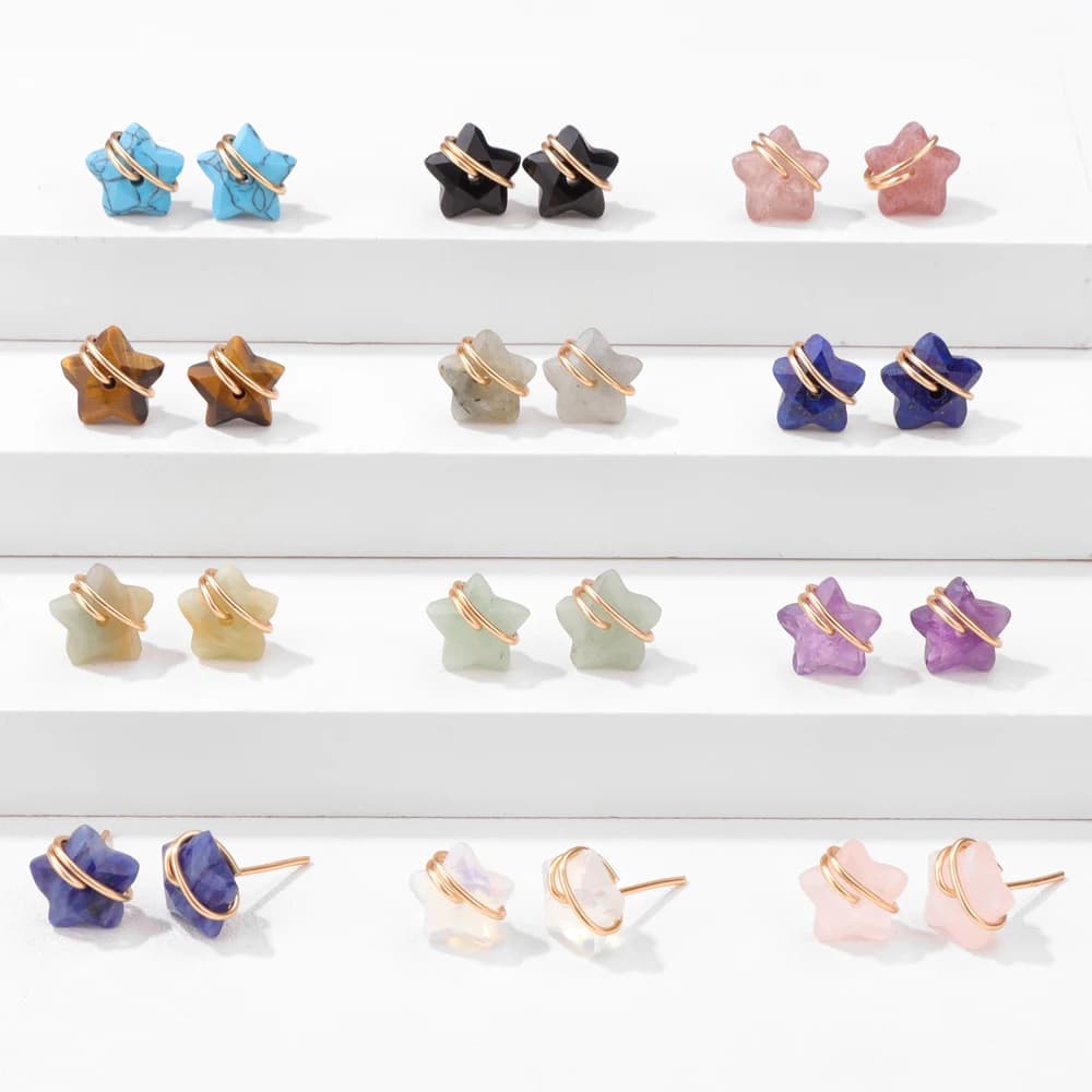 Boucles d'Oreilles en Pierre Naturelle pour Homme et Femme, Bijoux en Forme d'Étoile, en Quartz Rose, Opale, Lapis Lazuli, Cadeau