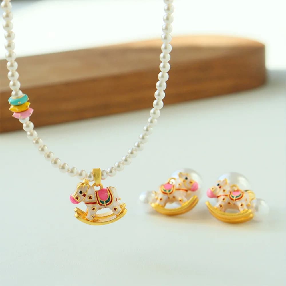Ensemble de colliers de perles carrousel en émail coloré, mignon, Vintage, chaîne avec boucles d'oreilles, Bracelet, cadeau pour femmes, nouvelle collection 2025