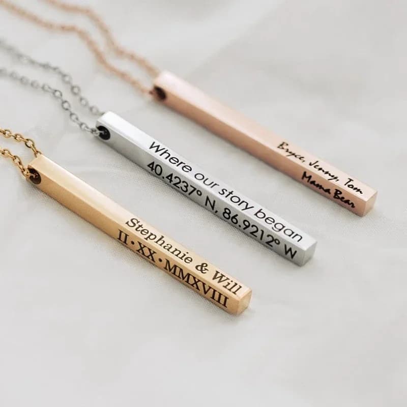Personnalité personnalisée graver coordonnées nom barre en acier inoxydable collier pendentif hommes femmes saint valentin cadeau pour les amoureux