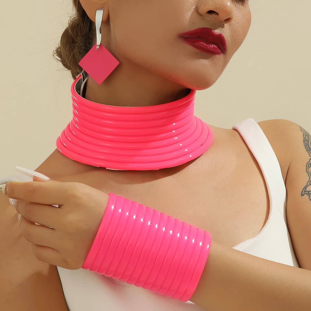 UDDEIN Vintage déclaration collier boucles d'oreilles Bracelet ensembles couleur rose en cuir bijoux africains pour les