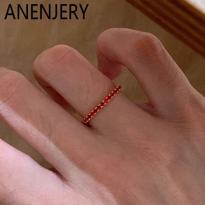ANENJERY – bague fine en Zircon rouge pour femmes, couleur or, Design de luxe simple, bijoux délicats, cadeaux, vente en gros