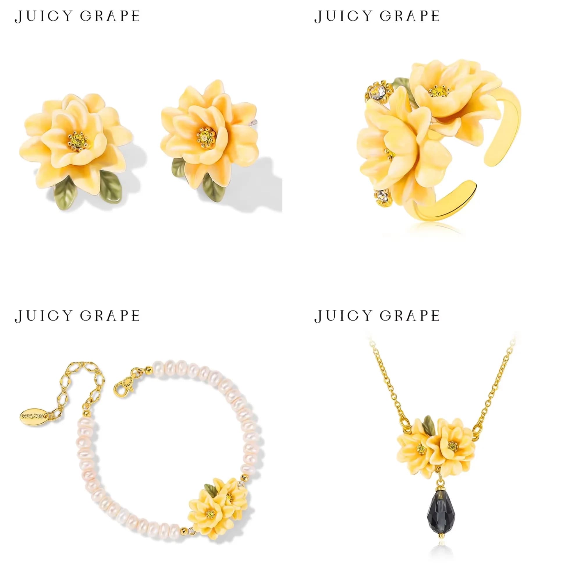 Parure de bijoux Juicy Grape en émail jaune gardénia, plaqué or, collier floral, boucles d'oreilles, bracelet de perles, cadeau pour femme