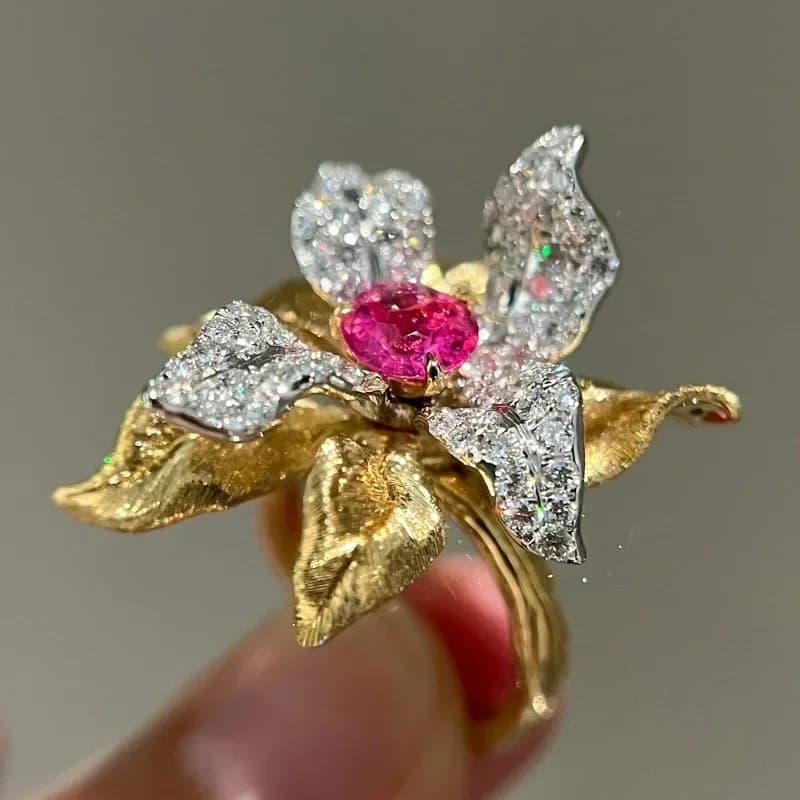Vintage incrustation Unique luxe rubis frappant fleur anneaux pour les femmes exquis créatif exagéré bague de fiançailles argent 925 bijoux