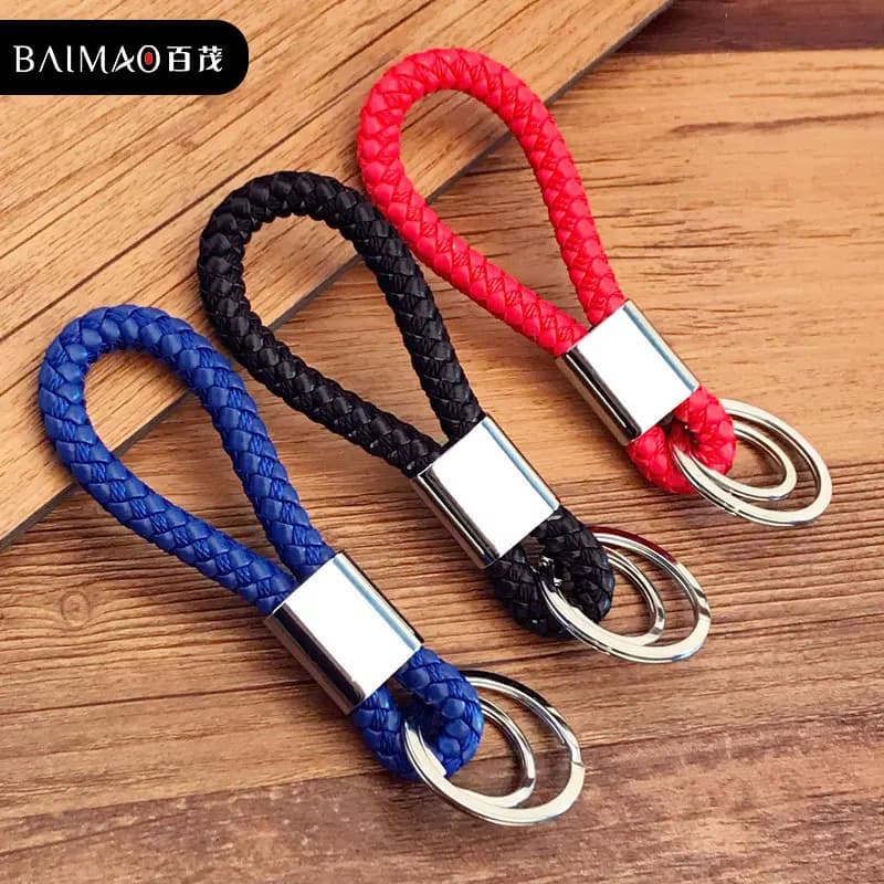 Porte-clés en corde de cuir PU à double anneau, porte-clés en métal, pendentif de clé de voiture.
