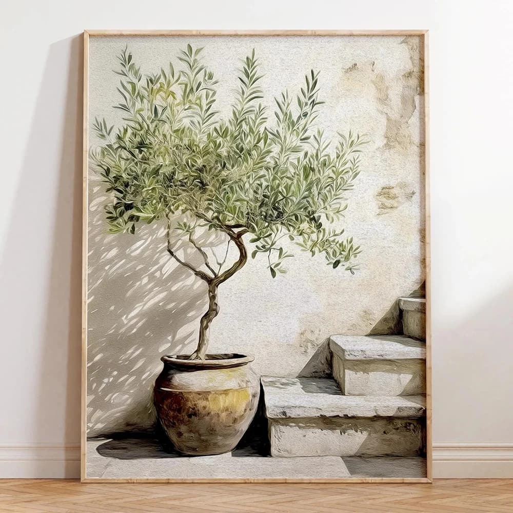 Art mural sur le thème de l'olivier méditerranéen, affiche de décoration rustique italienne, œuvre d'art de ferme côtière neutre, décoration de salon, sans cadre