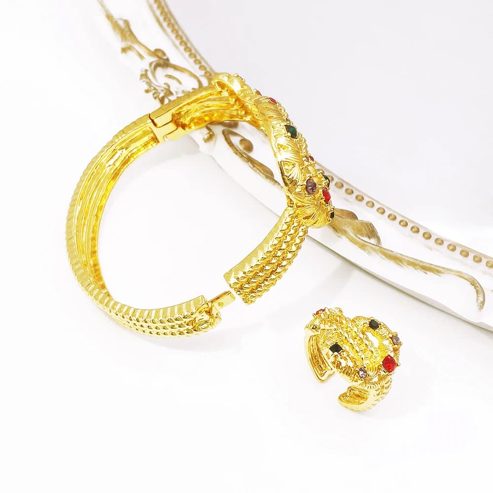 Ensemble de bijoux en zircon coloré brillant de luxe plaqué or collier boucles d'oreilles bracelet bague - Accessoire de port quotidien exquis cadeau