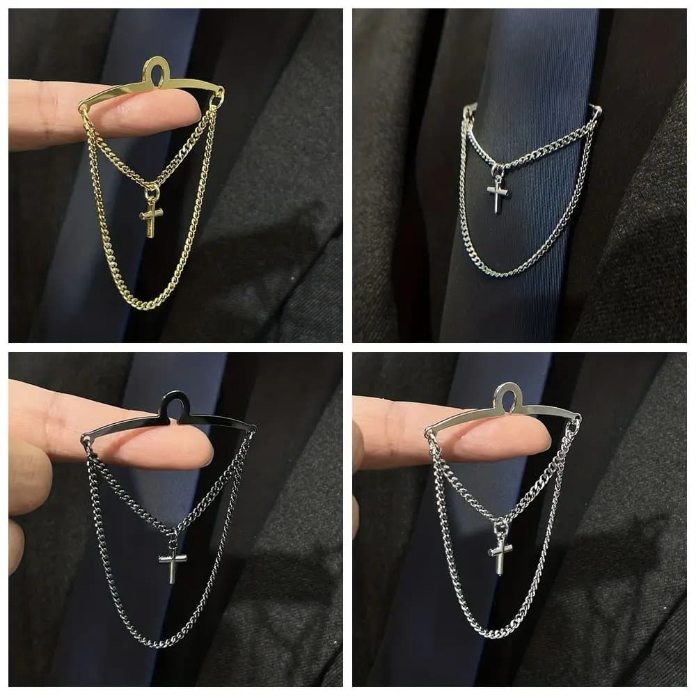 Chaîne de cravate pour hommes, couleur argent, facile à utiliser, croix en laiton, accessoires de bijoux, Clips de cravate, nouvelle collection