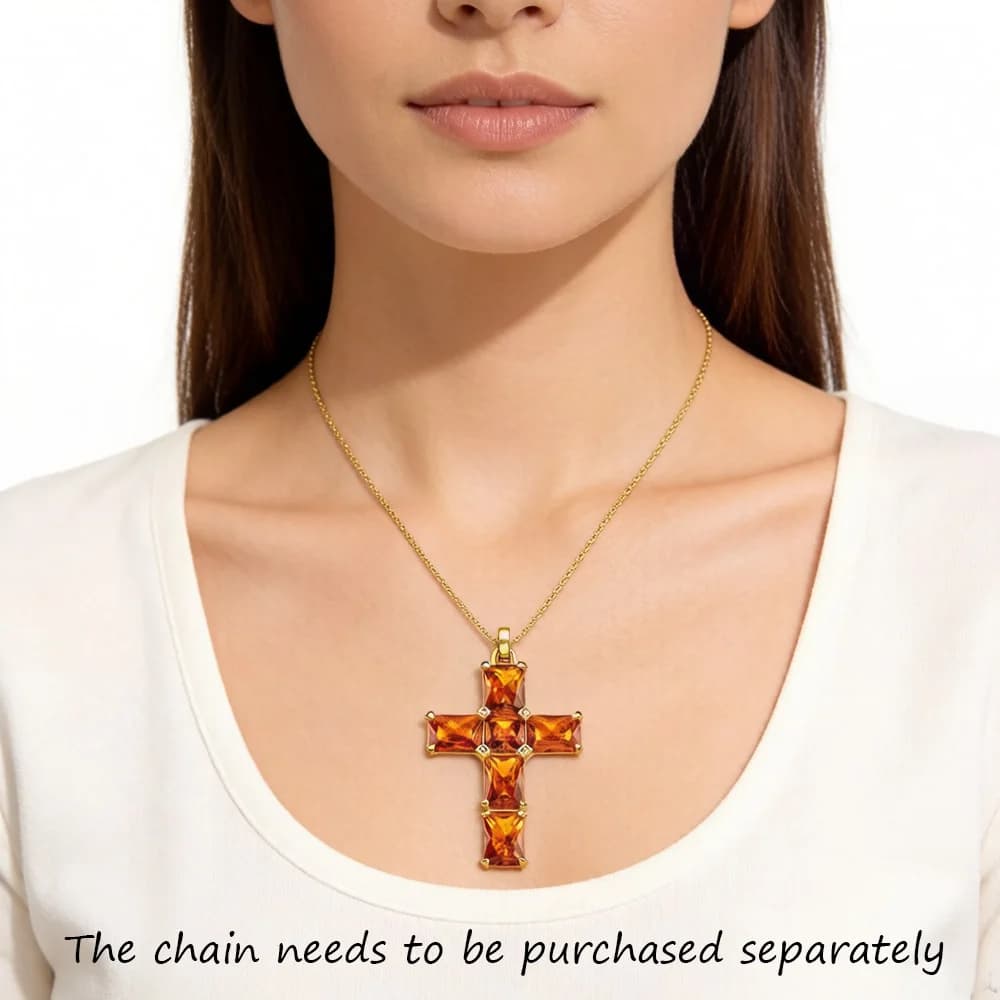 Pendentif croix dorée avec pierres orange, flambant neuf, bijoux fins européens, accessoires en argent Sterling 925, cadeau pour femmes