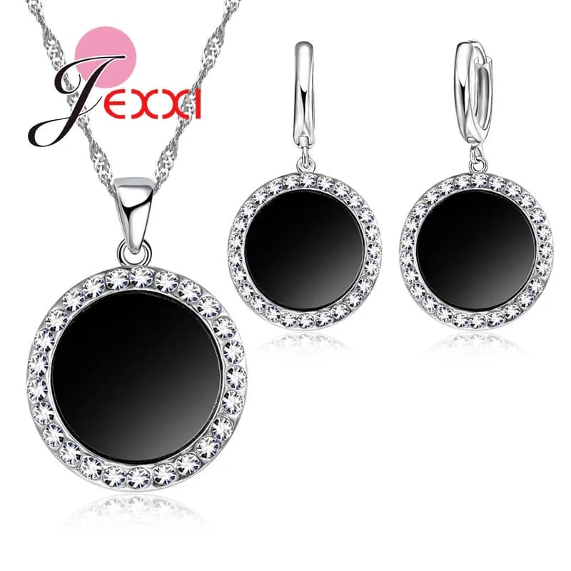 Ensemble de bijoux en argent Sterling 925, grand pendentif noir, Design, collier en cristal, boucles d'oreilles, décoration de fête pour femmes