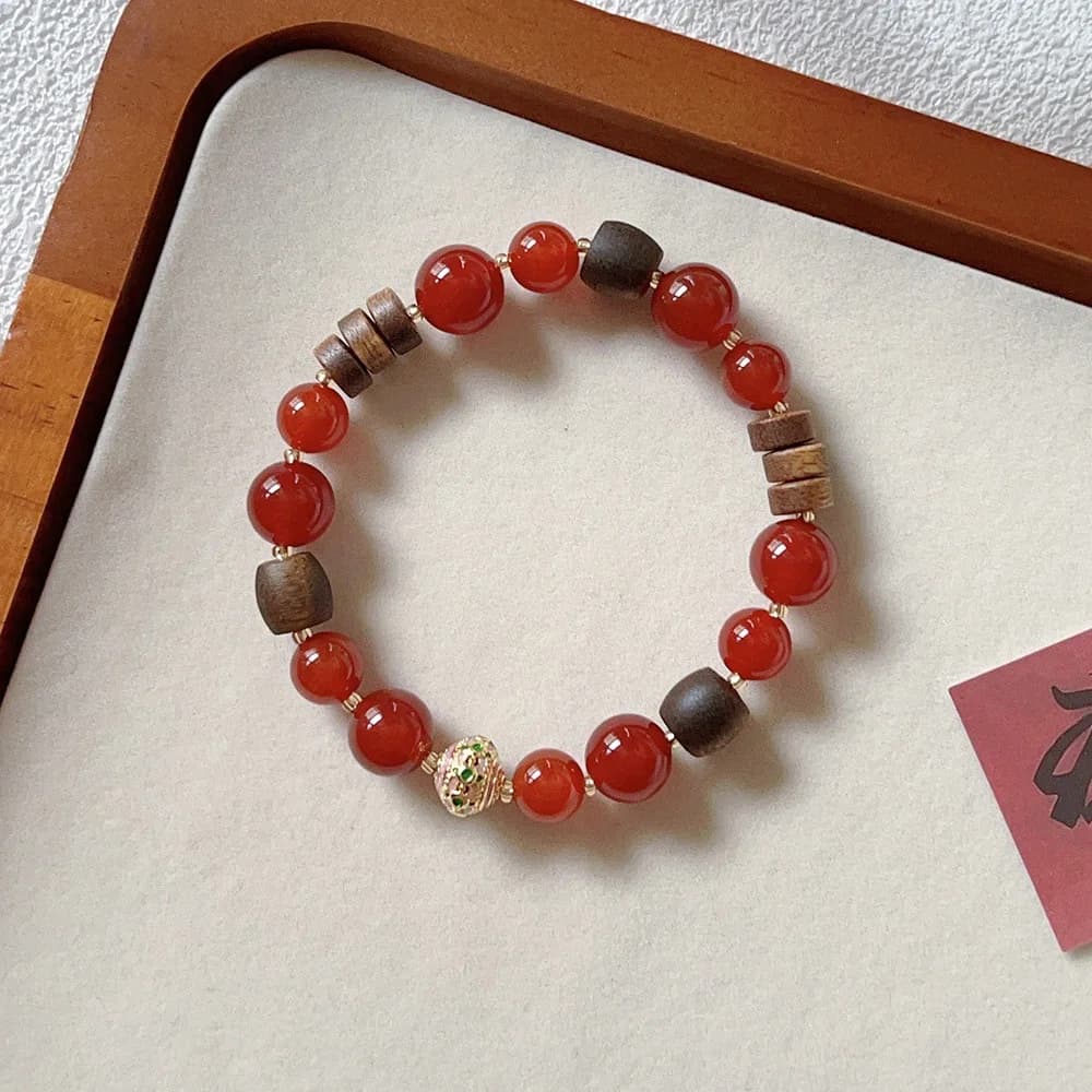 Bracelets en perles d'agate rouge naturelle pour femmes, 8MM, en bois d'agar, rétro, élastique, Vintage, pierres précieuses, bijoux fins, cadeau 1745