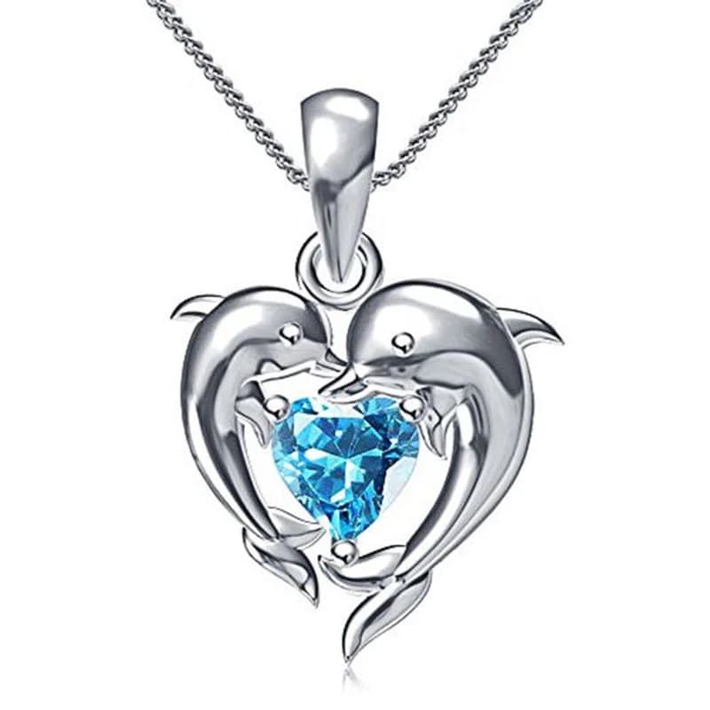 Huitan Couple dauphin avec coeur bleu CZ collier femmes Chic mariée mariage clavicule chaîne colliers fantaisie cadeau déclaration bijoux