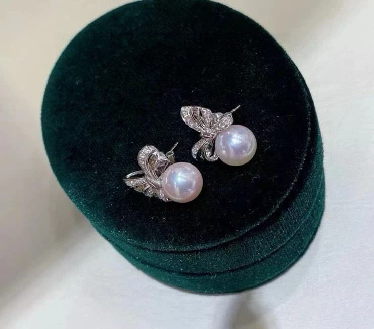 Certifié mode luxe concepteur 925 argent nœud papillon perle oreille Stud 9-10mm rose rond Aurora Lusuter perle boucle d'oreille bijoux