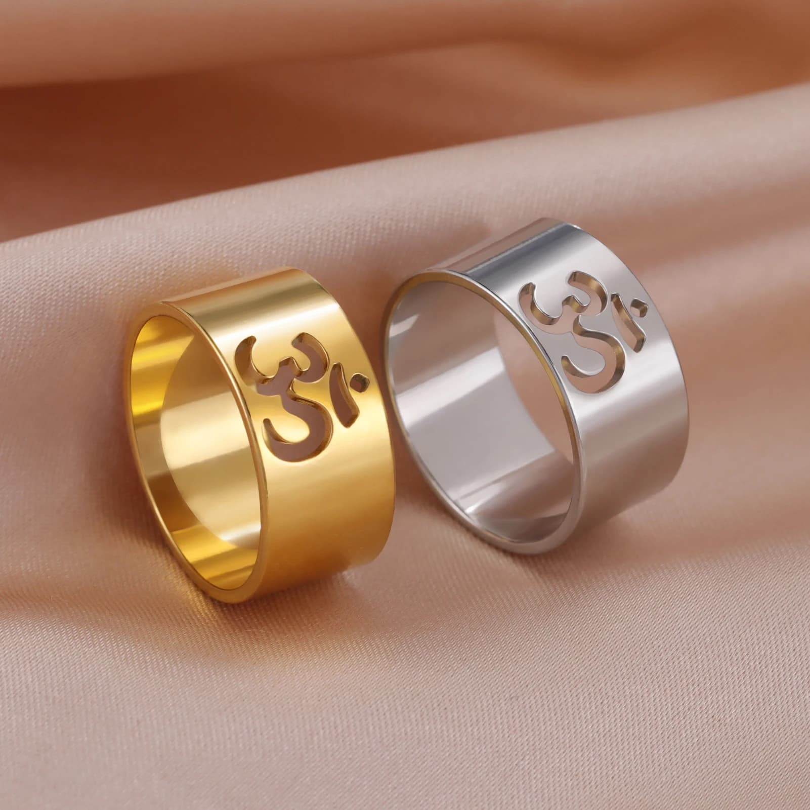 LIKGREAT Bagues en acier inoxydable avec symbole Om pour femme, bouddhisme indien, yoga, sourire naturel, religieux, prudent, isman, amulette, bijoux cadeaux, nouveau