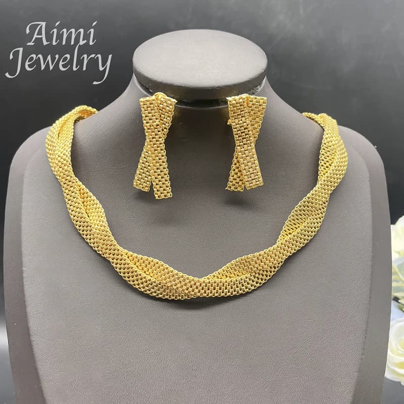 Ensemble de bijoux plaqués or pour femmes, collier ras du cou doré, boucles d'oreilles, Bracelet, bijoux, cadeaux de mariage pour fête africaine