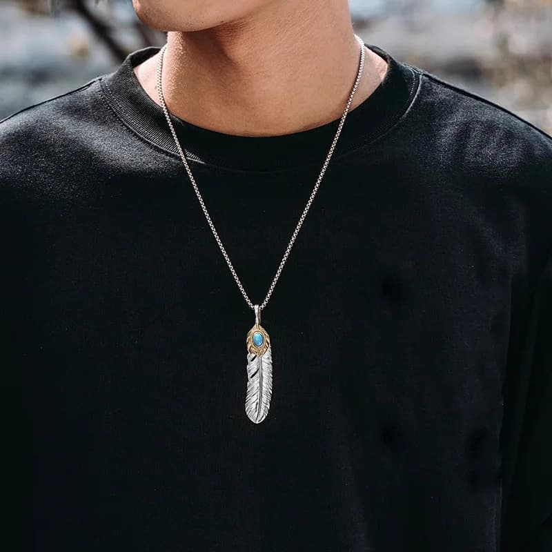 Collier Pendentif Plume Turquoise Élégant pour Homme – Tendance, Polyvalent, Forme Géométrique, Style Personnalisé à Couche Unique