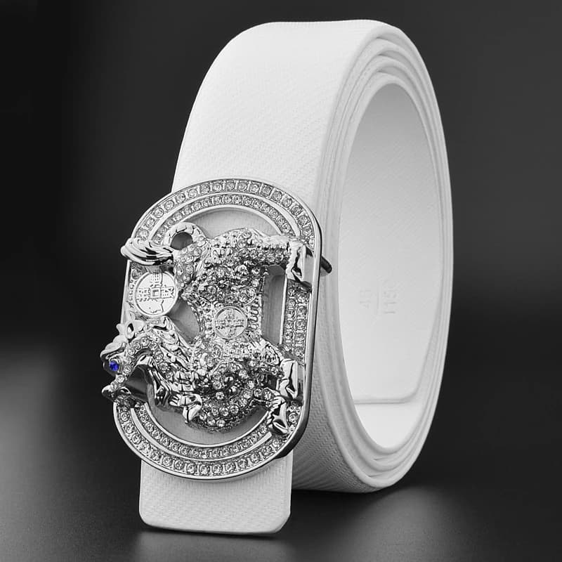 Ceintures en cuir véritable avec boucle dorée pour hommes, style chinois Kylin, ceinture blanche, ceinture en peau de cercle décontractée, mode célèbre, haute qualité, 3.3cm