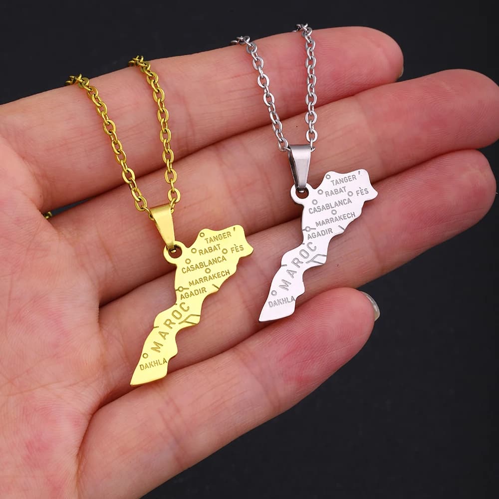 Collier avec pendentif carte marocaine en acier inoxydable pour femmes et filles, breloque couleur or argent, ras du cou à la mode, bijoux