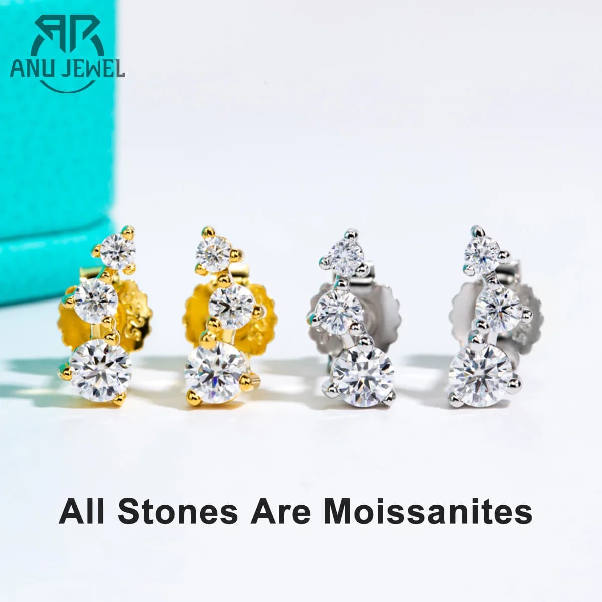Moissanite boucles d'oreilles 925 en argent Sterling plaqué or laboratoire créé diamant sourire