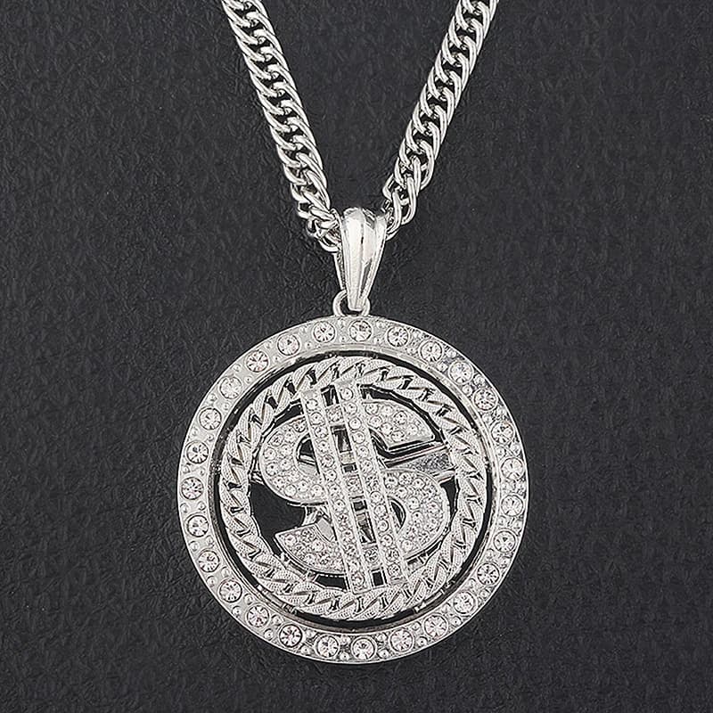 Grand Collier Pendentif Signe d'Argent en Dollar Américain Rotatif pour Homme