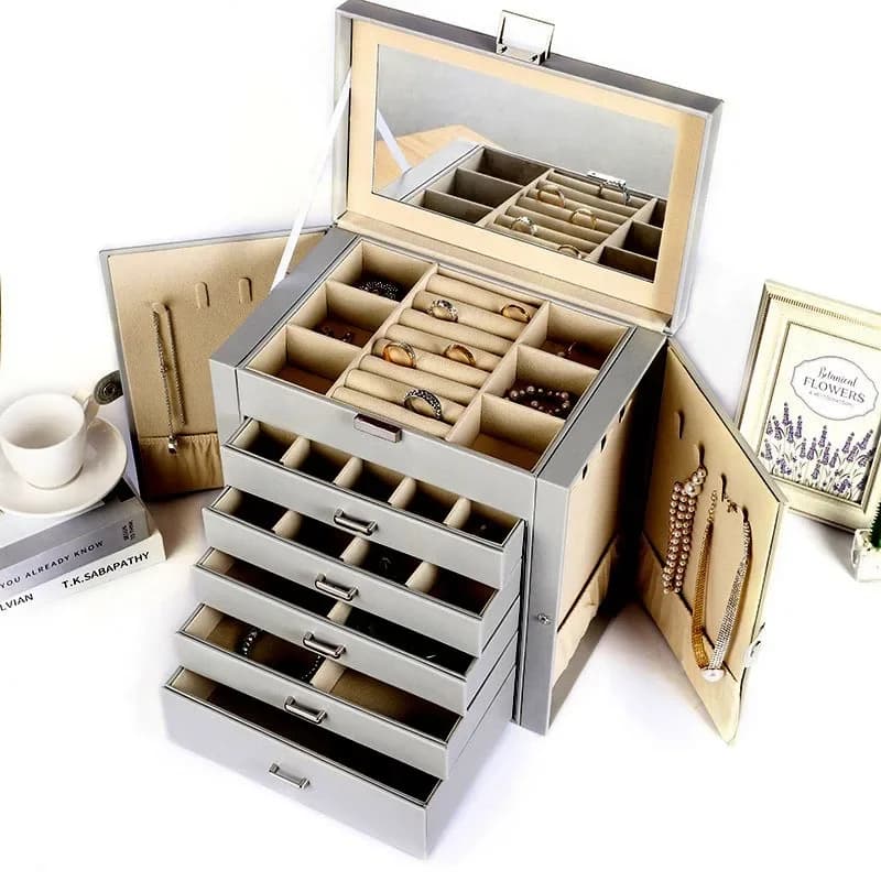 Grande Boîte à Bijoux en Cuir à Six Couches, Emballage de Rangement Personnalisé Multifonctionnel pour Bagues et Colliers