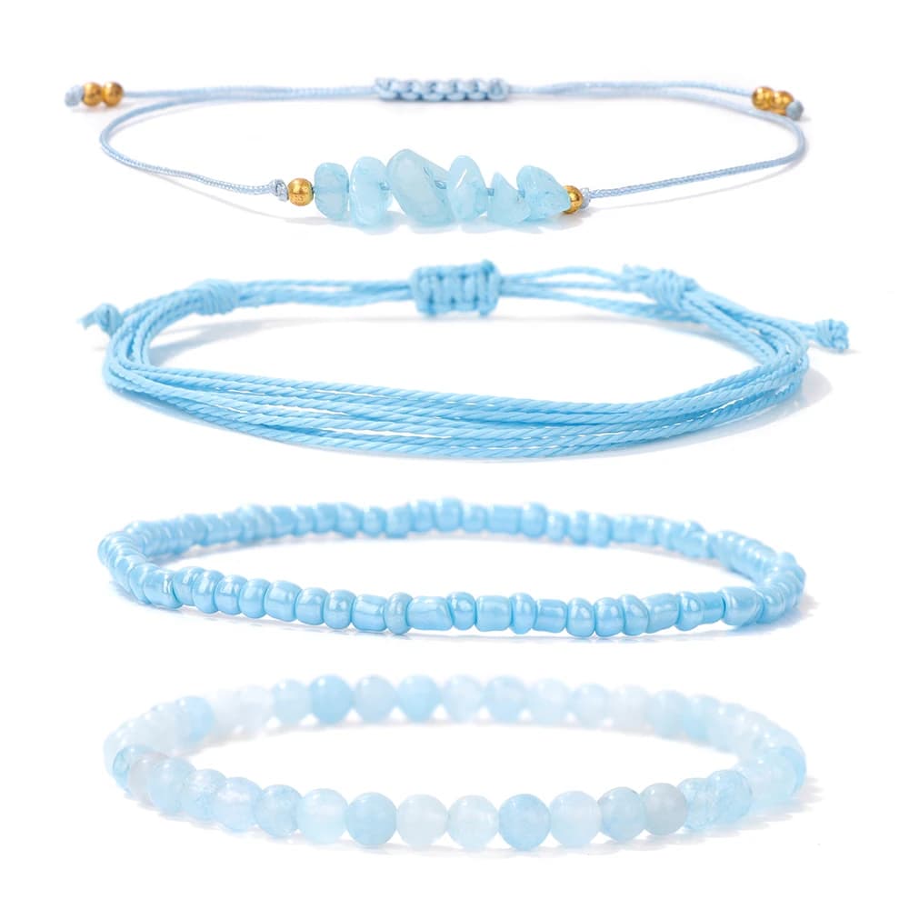 Bracelet en corde de perles d'aigue-marine naturelle, fait à la main, 4 pièces/ensemble, cordon multicouche, Bracelets de surfeur pour femmes et hommes, bijoux