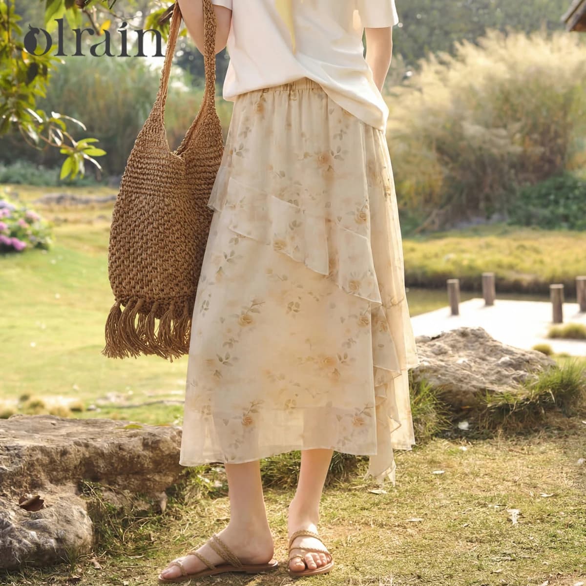 Jupe OLrain style pastoral français à motif floral rose, été 2026, élégante, à volants, taille haute, coupe trapèze, imprimée, ajustée O58XB006113