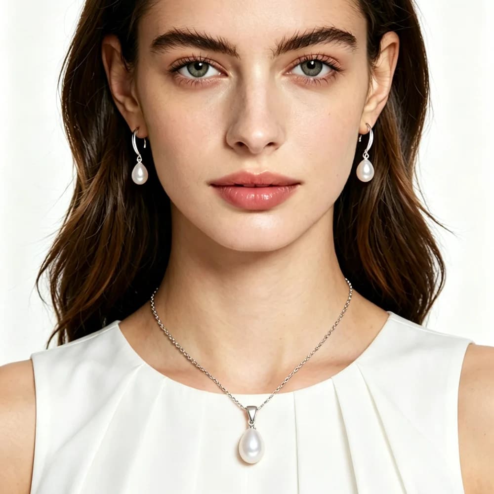 Ensemble élégant de boucles d'oreilles et collier en perles d'eau douce naturelles, ensemble de bijoux en argent 925 avec perles pendantes, cadeau pour femme, mère, blanc, noir
