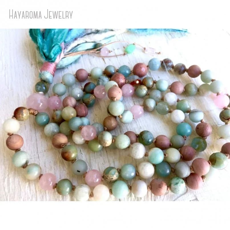 Collier pompon Mala, quartz rose, aigue-marine, opale africaine, injSari Throat Chakra, Boho Grunge, bijoux Y2k, 108, 10 pièces