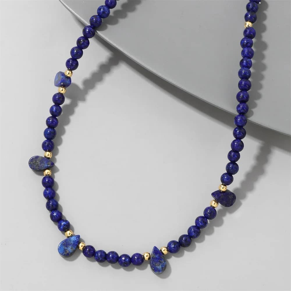 Boho Blue Lapis Lazuli Beads Necklace, Natural Stone, Tiger Eye, Quartz Crystal Choker for Women and Men, Lucky Fashion Jewelry, 4mm