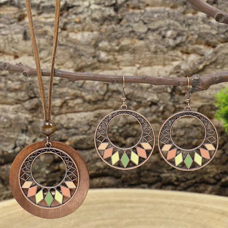 Boho Vacation-Ensemble de bijoux géométriques pour femmes, perles en bois, alliage multicolore ElAssressenti, pendentif, collier, boucle d'oreille, incrustation de turquoises, creux