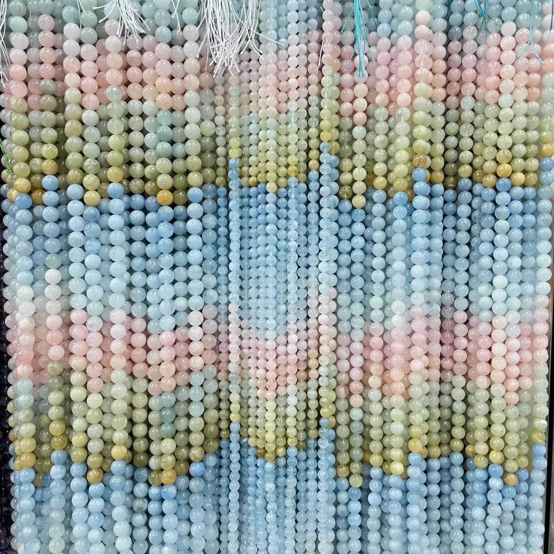 Perles rondes en aquamarine naturelle, morganite et béryl en vrac, facettées, pour bracelets, colliers et bijoux DIY
