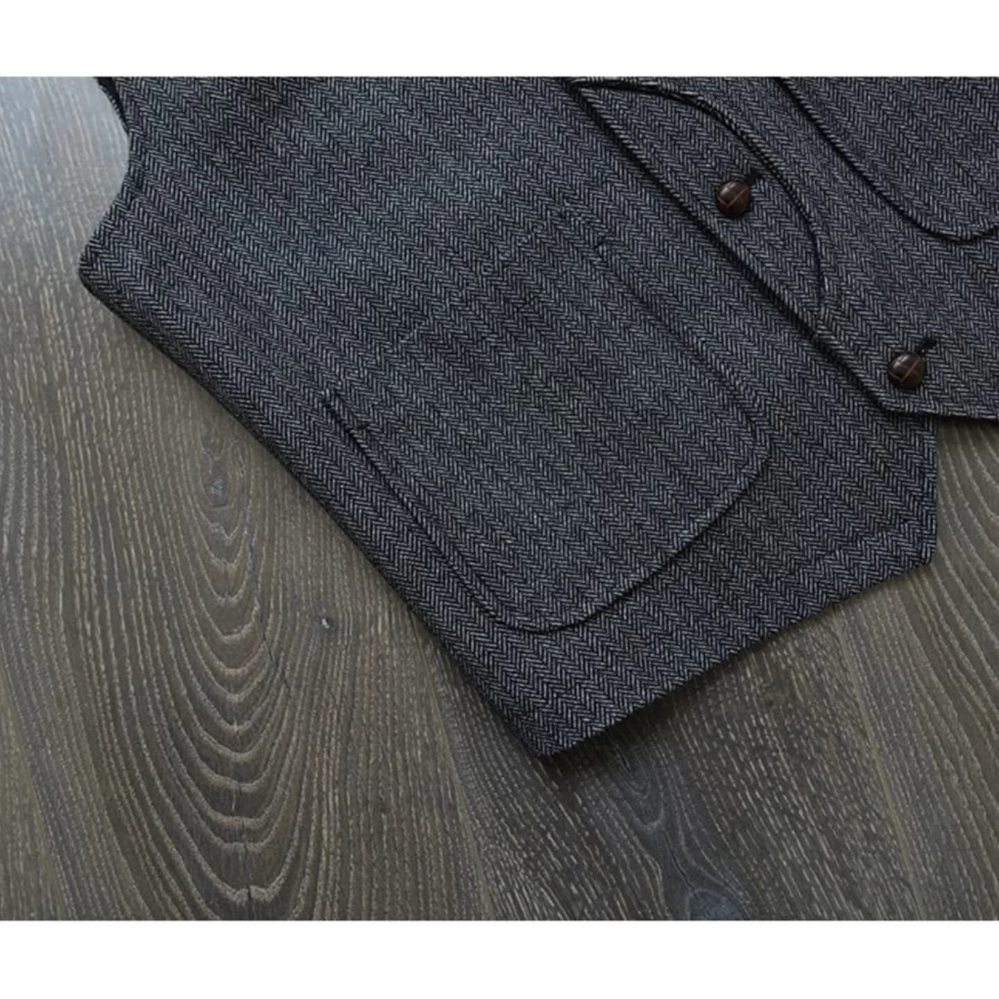 Vêtements de travail rétro américains, Style chasse, Tweed à chevrons, laine lourde, gilet décontracté sans col