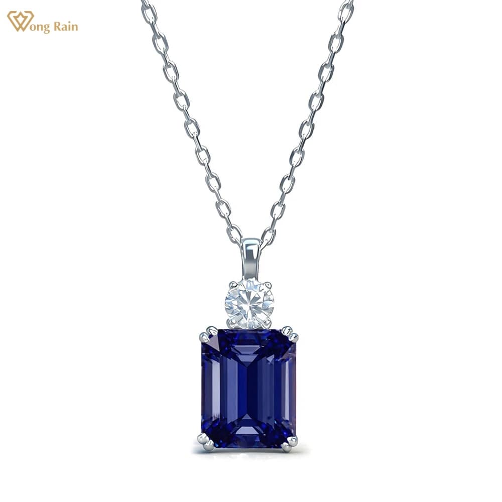 Wong Rain 925 argent Sterling 8*10 MM Tanzanite saphir rubis Citrine émeraude haute teneur en carbone diamant pendentif collier bijoux fins