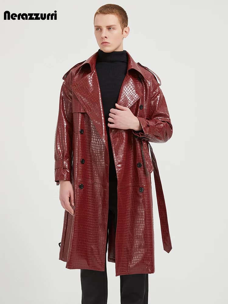 Nerazzurri-Manteau en Cuir PU Imprimé Crocodile pour Homme, Long et Cool, Élégant, Chic, Brcorporelle, Ceinture de Luxe, Vêtements de Styliste, Printemps et Automne