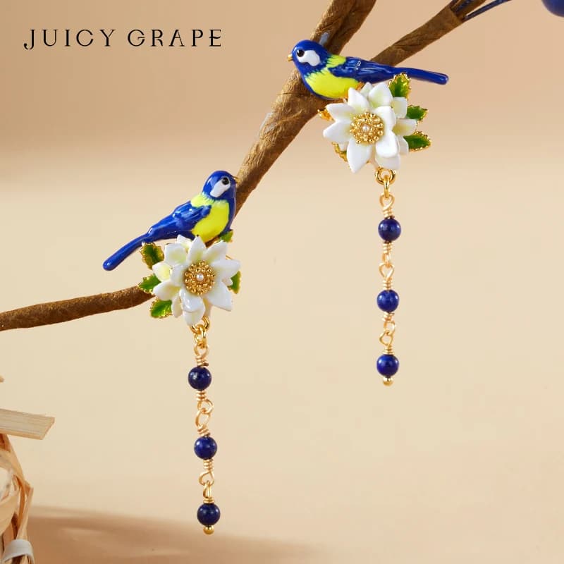 Boucles d'oreilles pompon oiseau bleu fleur blanche, émail fait main, boucle d'oreille en argent 925, plaqué or 18 carats, 3DDesign, nouveaux bijoux fantaisie
